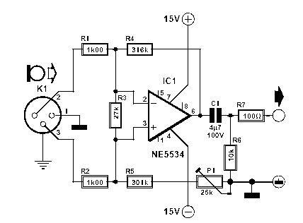 Het meest simpele schema voor een gebalanceerde mic voorversterker dat ik kon vinden. En het werkt prima!