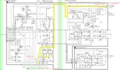 Samenvoeging van schematisch diagram 5 &amp; 6 uit eerder geposte PDF. Aan de hand van de gele lijn is te volgen hoe het signaal vanaf binnenkomst (de connector, linksonder) rechtstreeks doorloopt naar de optische transmitter (type: TOTX178A). Het signaal komt slechts een weerstandje tegen.   Tevens toont het de voedingslijn (VCC/5V) vanaf de spanningsregelaars linksonder tot aan de transmitter. Op het eindpunt hangt er enkel een condensatortje aan.