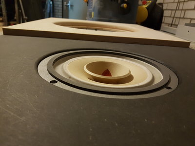 F8 ligt 5mm 'te' diep, waardoor gelijke optiek ontstaat met de woofer(baffle). Radius net niet volledig voor wat meer tekenende overgang