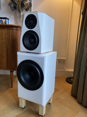 Nieuwe speakers in luisterpositie. Het is nu een mengelmoes van stijlen maar het deugt voor een test-opstelling.