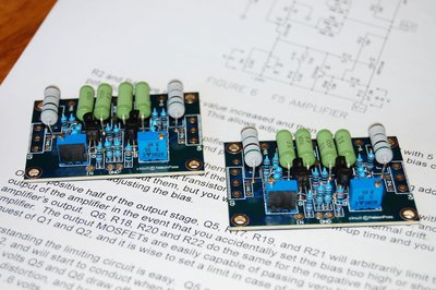 First Watt F5 versterker prints. Alleen de NTC's en de MOSFET's moeten er nog aan.