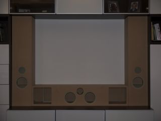 Opbouw van de drie speakers. Je ziet de uitsparingen langs de center waarin de versterkers zijn weggewerkt
