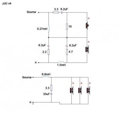 Hier het proeffilter. Er is inmiddels een gecorrigeerde versie, maar de onderdelen voor deze versie waren al in bestelling, vandaar dat we dit als eerste gebouwd hebben. Bi wiring is de bedoeling, en ik heb me laten vertellen dat het een soort 2,5 weg is,