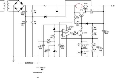 het hoogspanningsgedeelte van de JP30. Bij de rode cirkel mist een verbinding of een ander component