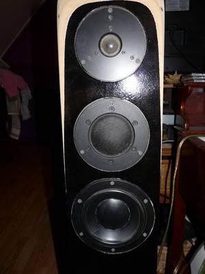 dit zijn de huidige dynaudio zuiltjes.<br />ik wilde de hoeken nog afronden en bijwerken, maar het bijwerken is er nooit van gekomen.<br />de tweeter, mid en straks de mw150 zijn bijna allemaal even groot. <br />de faceplaat van de tweeter is nieuw en naar origineel weer nagemaakt aangezien het originele afgedraaid was om in de auto te gebruiken.