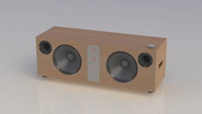 Render van hoe het geheel er ongeveer uit moeten gaan zien. Inmiddels zijn de tweeters wel naar dezelfde hoogte als de woofers verplaatst omdat dit de klank ten goede zou komen.