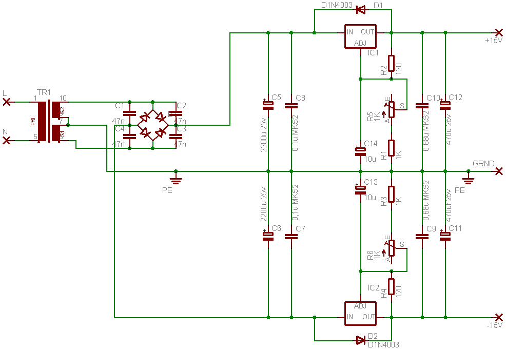 Schema ruisarme LM317/LM337 voeding