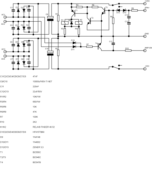 Voor de juiste werking van de amp-on is het belangrijk dat de beide diode aan ac1 en ac2 liggen en niet zoals in het eerdere schema aan ac3 en ac4